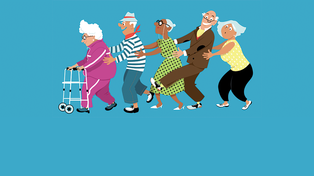 Cartoon of old people line dancing